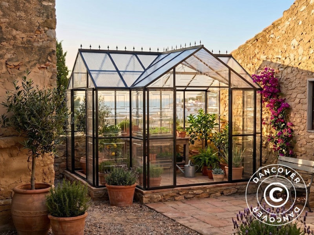 Black polycarbonate orangery with double doors in a garden