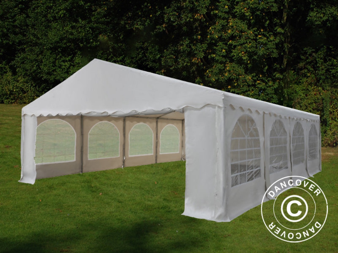 White party tent with windows on a lawn