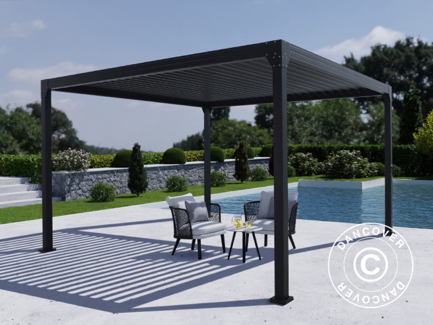 Black bioclimatic Monterey pergola beside a pool