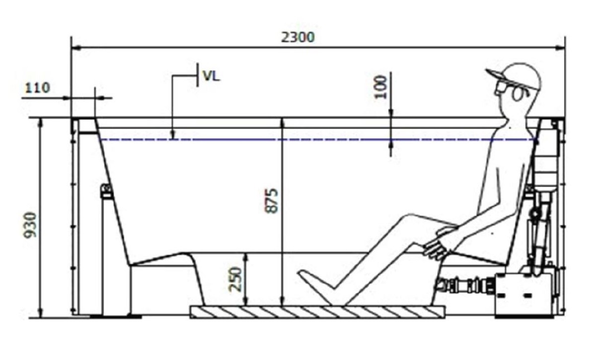 Technical section drawing of the 2.3 metre spa bath with seat and water level